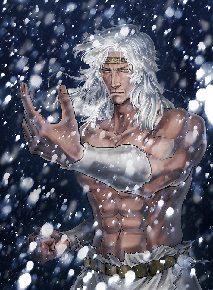 1boy abs beard facial_hair fighting_stance headband hokuto_no_ken long_hair male_focus mori_(chiyokototochiko) muscular serious topless_male snowing solo toki_(hokuto_no_ken) torn_clothes upper_body white_hair wristband yellow_eyes