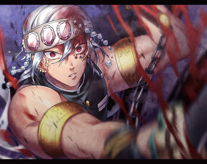 1boy armband blood dual_wielding earrings facial_mark gem headband holding jewelry kamuinii kimetsu_no_yaiba letterboxed lips looking_at_viewer male_focus pink_eyes silver_hair solo teeth upper_body uzui_tengen weapon