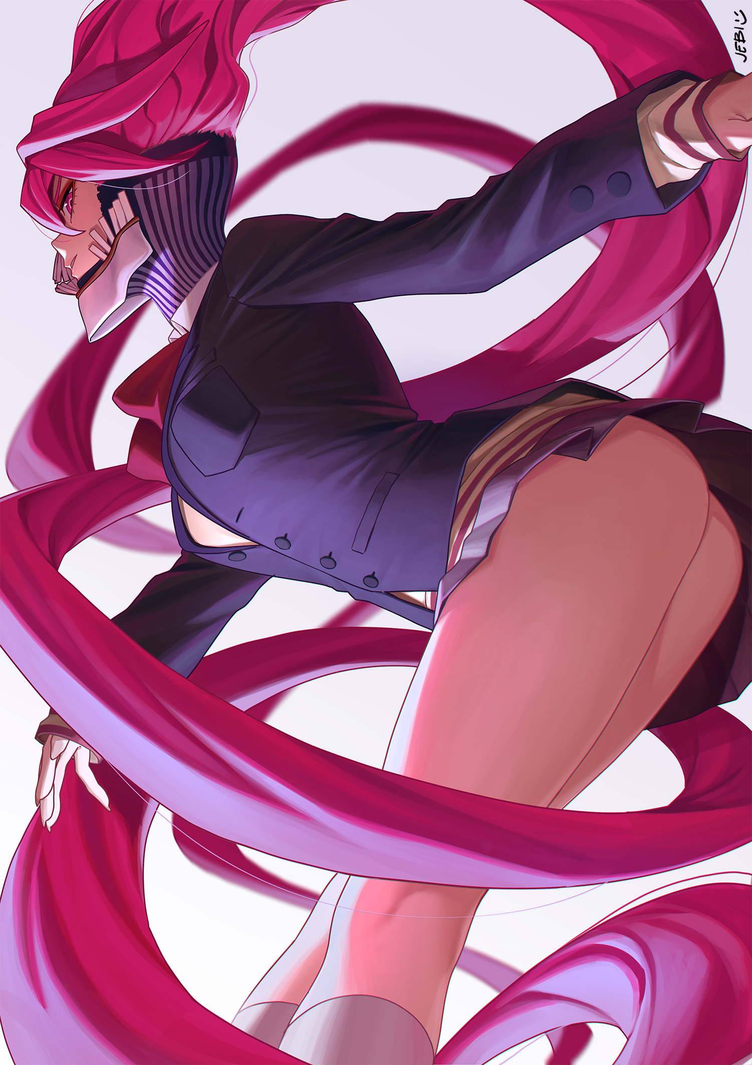 1girl absurdly_long_hair acrobatic_silky_(dandadan) alternate_form ass commentary dandadan english_commentary highres jebi kneehighs long_hair looking_at_viewer looking_back mask mouth_mask pink_eyes pink_hair school_uniform shiratori_aira_(dandadan) socks solo thick_thighs thighs transformation very_long_hair white_background
