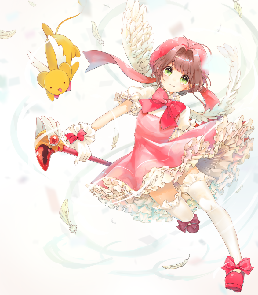 1girl 58_(scbaby) antenna_hair bow brown_hair cardcaptor_sakura closed_mouth dot_nose dress feathers full_body gloves green_eyes kero_(cardcaptor_sakura) kinomoto_sakura magical_girl pink_bow pink_dress puffy_short_sleeves puffy_sleeves red_shoes shoes short_sleeves solo thighhighs white_background white_gloves white_wings wings