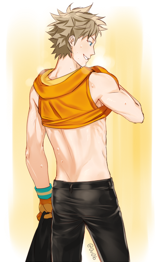 1boy ass back black_pants blonde_hair blue_eyes clothes_lift gloves male_focus nintendo pants pokemon pokemon_go shirt_lift short_hair smile solo spark_(pokemon) yellow_gloves yellow_hood zhineart