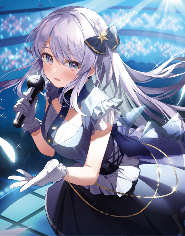 1girl blue_bow blurry blurry_background blush bow depth_of_field frills gloves grey_eyes hair_between_eyes hair_ornament hand_up holding holding_microphone idol kanda_done long_hair looking_at_viewer microphone mizuki_rinka netoge_no_yome_ga_ninki_idol_datta parted_lips spotlight stage stage_lights very_long_hair white_gloves