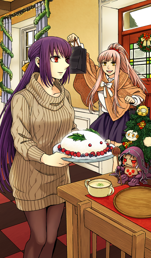 2girls apollo_(fate) arm_up bag black_bag blueberry bow bowl brown_pantyhose brown_sweater cable_knit chair character_doll christmas christmas_lights christmas_wreath collarbone collared_shirt commentary cu_chulainn_(fate) curtains door dumuzid_(fate) fang fang_out fate/grand_order fate_(series) feet_out_of_frame flower food food_art fruit garland_(decoration) garnish gift_bag hair_bow half_updo high_ponytail holding holding_bag holding_tray indoors leaf long_hair long_sidelocks long_sleeves looking_at_another martha_(fate) medb_(fate) mini_christmas_tree mini_cu-chan_(fate) miniskirt multiple_girls official_alternate_costume official_art open_mouth orange_shawl orange_sweater pantyhose parted_lips pink_hair plate poinsettia ponytail purple_hair purple_skirt raspberry red_eyes red_flower ribbed_sweater shawl shirt sidelocks skirt soup standing sweater table teeth third-party_source tray upper_teeth_only very_long_hair white_bow white_shirt window wreath yamazaki_kore yellow_bow yellow_eyes