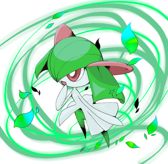 colored_skin gen_3_pokemon green_hair green_skin hair_over_one_eye horns kirlia leaf magical_leaf_(pokemon) multicolored_skin nintendo no_feet open_mouth pink_eyes pokemon pokemon_(creature) sidelocks tanpopo_hayabusa-maru two-tone_skin white_skin