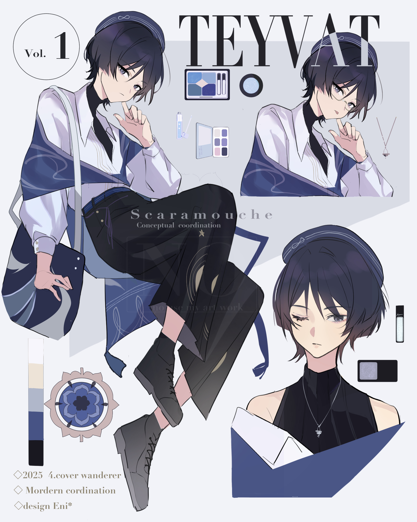 1boy alternate_costume arm_at_side armpit_crease bad_anatomy bad_hands bag belt beret bespectacled black_bag black_eyes black_hair black_pants black_shirt black_shoes black_undershirt blue_belt blue_hat blue_shawl casual character_name character_profile closed_mouth collared_shirt contemporary cropped_torso cross-laced_shoes dated expressionless fringe_trim genshin_impact glasses gold gold_necklace hakama hakama_pants hand_on_own_face hand_up handbag hat highres japanese_clothes jewelry jingasa konikoni1002 long_sleeves looking_at_viewer male_focus mandala necklace off_shoulder official_alternate_costume pants purple_hat rimless_eyewear scaramouche_(genshin_impact) shawl shirt shoes silver_necklace solo tongue tongue_out turtleneck turtleneck_shirt wanderer_(genshin_impact) wanderer_(wanderer_impression)_(genshin_impact) white_shirt white_sleeves white_trim wing_collar
