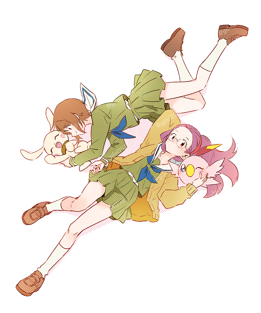 2girls blush closed_eyes digimon digimon_(creature) digimon_adventure_tri. dog gdn0522 holy_ring inoue_miyako jacket looking_at_viewer multiple_girls plotmon poromon school_uniform smile yagami_hikari