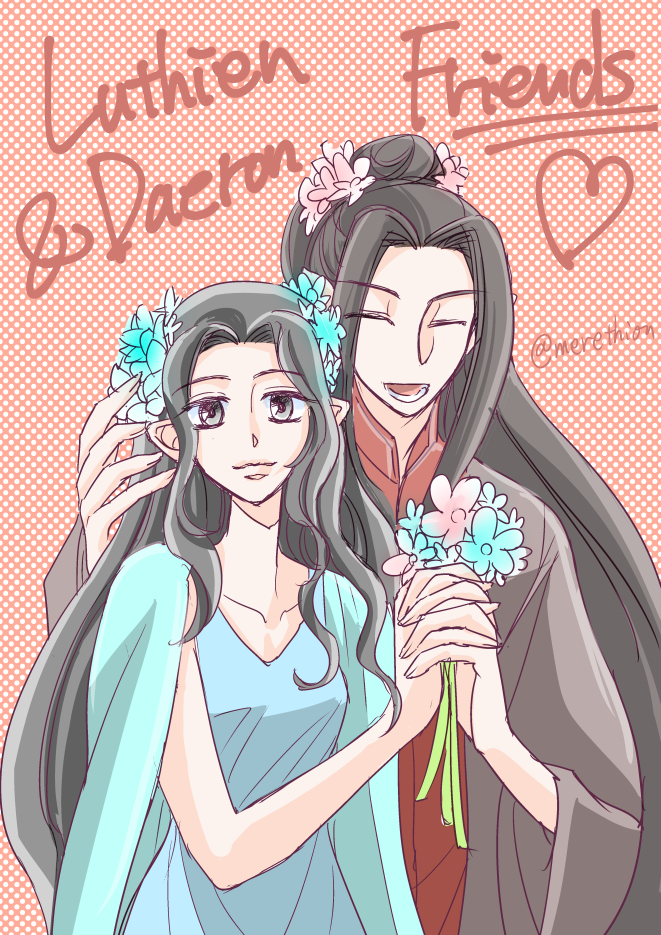 1boy 1girl artist_name black_hair blue_dress bouquet brother_and_sister character_name closed_eyes closed_mouth collar collarbone daeron dress elf english_text flower hair_flower hair_ornament heart holding holding_bouquet holding_flower holding_hands long_hair looking_at_viewer lower_teeth_only luthien merethion open_mouth parted_bangs pointy_ears prince princess robe siblings teeth the_silmarillion tolkien&#039;s_legendarium twitter_username