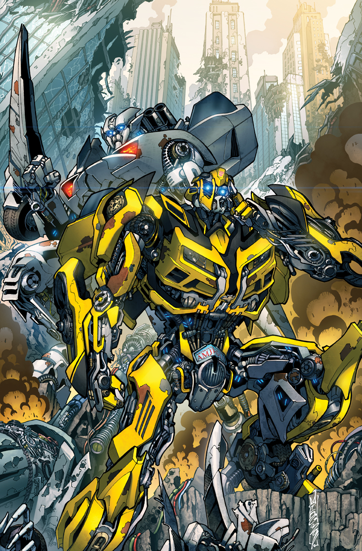 alex_milne arm_blade artist_collaboration autobot blue_eyes bumblebee_(transformers) city clenched_hand commentary dyemooch english_commentary glowing glowing_eyes mecha pointing robot science_fiction sideswipe smoke transformers transformers:_dark_of_the_moon transformers_(live_action) weapon western_comics_(style)