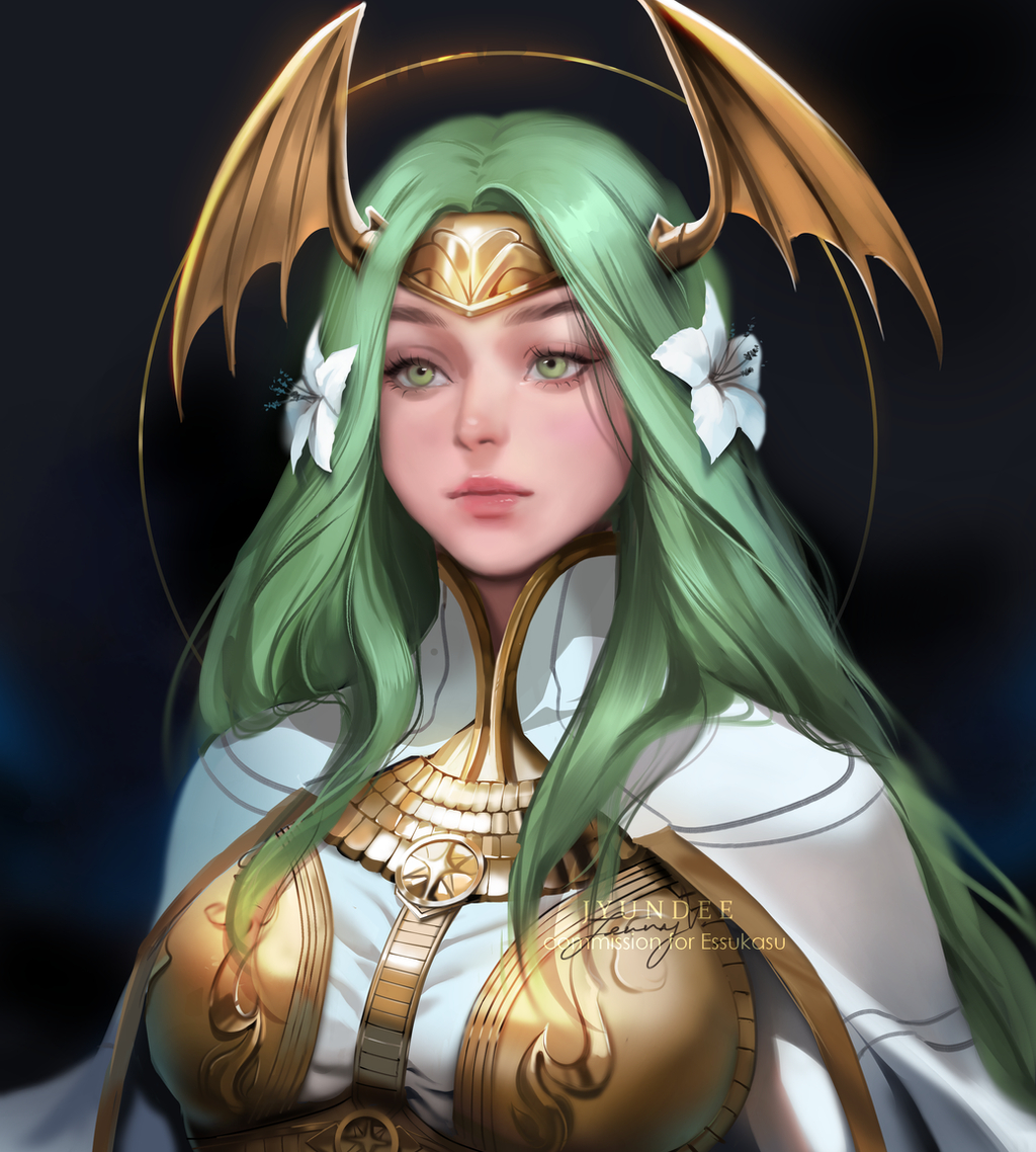 1girl artist_name breasts closed_mouth commentary commission english_commentary english_text eyelashes female_focus fire_emblem fire_emblem:_three_houses flower green_eyes green_hair hair_flower hair_ornament head_wings jyundee large_breasts lily_(flower) lips long_hair matching_hair/eyes nintendo nose nostrils portrait seiros_(fire_emblem) simple_background solo upper_body watermark white_flower wings