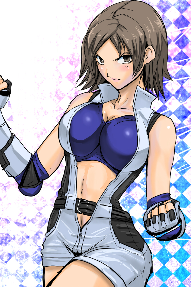 1girl bad_id bad_pixiv_id belt breasts erugiza female_focus fingerless_gloves gloves jumpsuit kazama_asuka large_breasts namco romper short_hair sleeveless solo tekken tekken_5_(dark_resurrection) unzipped zipper