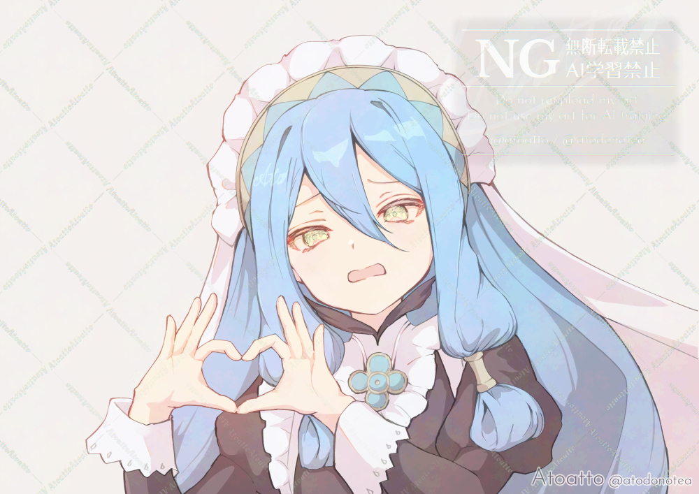 1girl alternate_costume atoatto azura_(fire_emblem) blue_hair commentary_request fire_emblem fire_emblem_fates furrowed_brow hair_between_eyes heart heart_hands long_hair looking_at_viewer nintendo open_mouth solo upper_body watermark watermark_grid