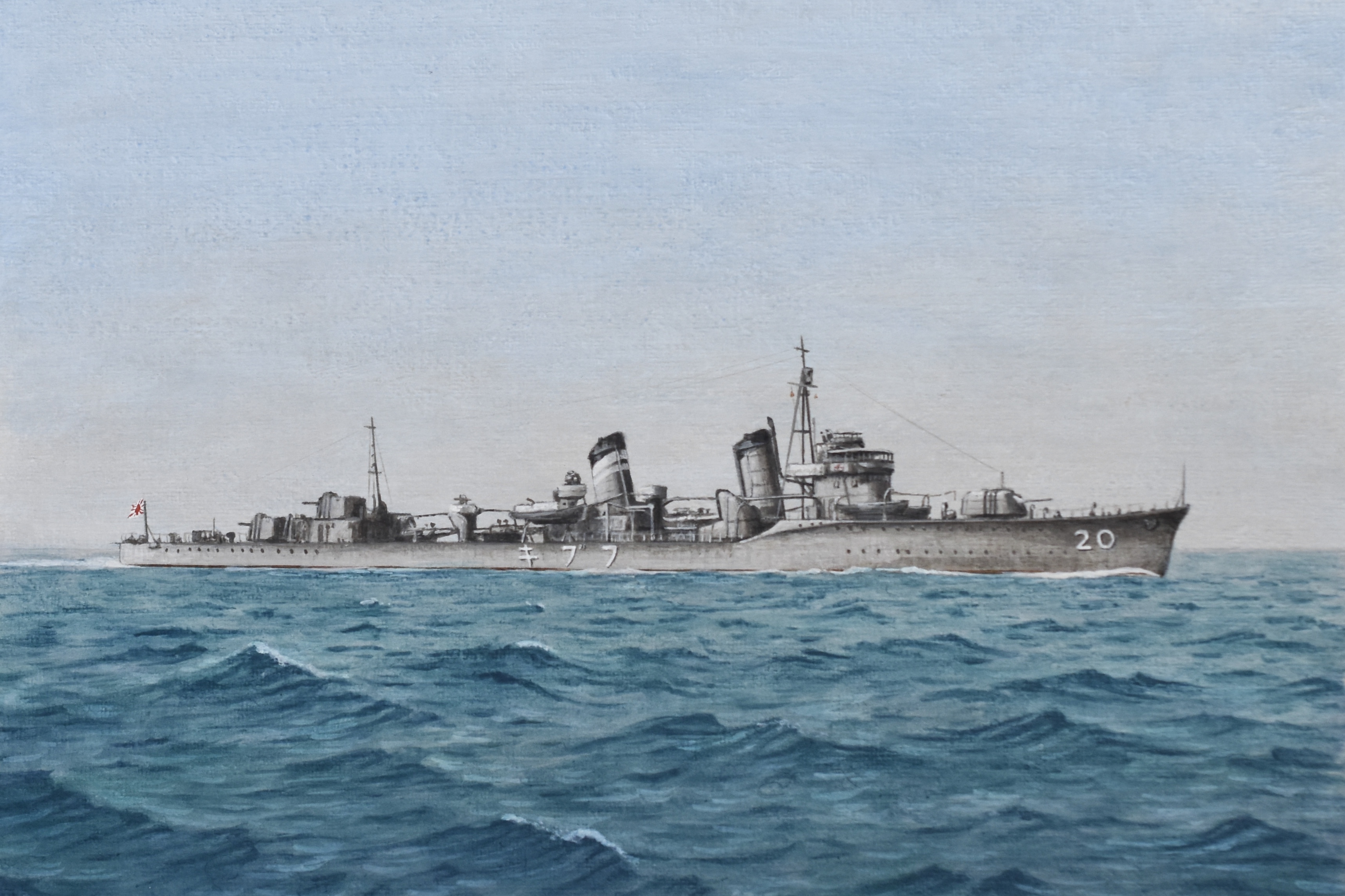 absurdres acrylic_paint_(medium) atelier_bono cannon cloud cloudy_sky grey_sky gunboat highres imperial_japanese_navy mast no_humans ocean original painting_(medium) ship_turret sky smokestack traditional_media vehicle_focus watercraft weapon