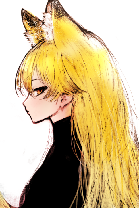 1girl animal_ear_fluff animal_ears black_sweater blonde_hair extra_ears ezo_red_fox_(kemono_friends) fox_ears fox_tail ise_(0425) kemono_friends long_hair looking_at_viewer profile simple_background solo sweater tail turtleneck turtleneck_sweater upper_body yellow_eyes