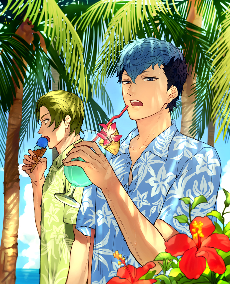 2boys akke alternate_costume black_hair blue_eyes blue_hair coconut_tree collared_shirt cup dappled_sunlight day drink drinking_glass drinking_straw eating fire_emblem fire_emblem_echoes:_shadows_of_valentia floral_print flower food forsyth_(fire_emblem) green_eyes green_hair hawaiian_shirt hibiscus holding holding_cup holding_drinking_glass hurricane_glass ice_cream ice_cream_cone leaf looking_at_viewer looking_away male_focus multicolored_hair multiple_boys nintendo ocean open_mouth outdoors palm_tree partially_unbuttoned pineapple pineapple_slice plant python_(fire_emblem) shirt short_sleeves sunlight teeth tree tropical_drink two-tone_hair upper_body waffle_cone water