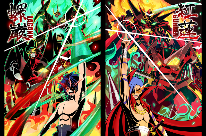 00s 2boys blue_hair cape ditienan_ddn drill gurren kamina_(ttgl) kamina_pose kamina_shades lens_flare male_focus mecha multiple_boys open_mouth pillarboxed pointing pointing_up robot simon_(ttgl) sword tengen_toppa_gurren tengen_toppa_gurren-lagann_(mecha) tengen_toppa_gurren_lagann topless_male triangular_eyewear weapon