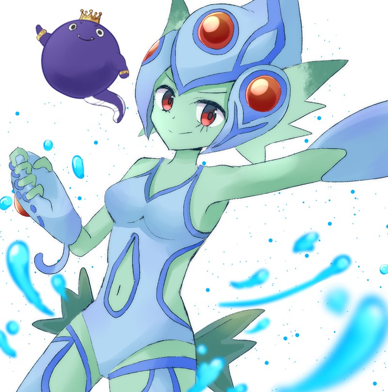 1girl clothing_cutout digimon digimon_(creature) fins frog_girl helmet monster_girl navel_cutout one-piece_swimsuit otamamon otamamon_x-antibody ranamon swimsuit