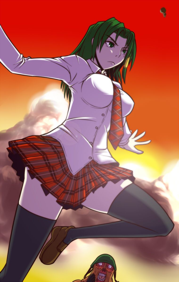 1girl alicia_(bullet_witch) aq_interactive blush bullet_witch cavia female_focus frown green_eyes green_hair highres matching_hair/eyes mole mole_under_eye necktie school_uniform serafuku skirt solo sunset thighhighs tonda
