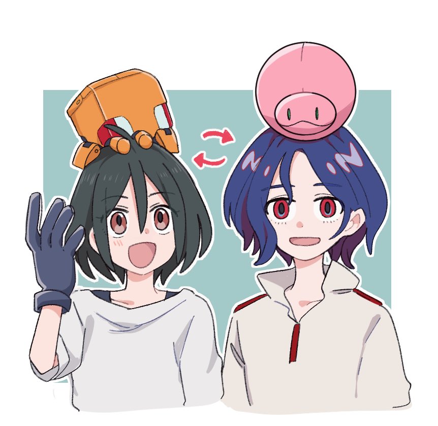 2boys ahoge aqua_background bellri_zenam bellri_zenam_(cosplay) black_hair blue_hair brown_eyes colored_inner_hair cosplay costume_switch gloves gundam gundam_g_no_reconguista gundam_gquuuuuux hair_between_eyes haro in-franchise_crossover looking_at_viewer lower_eyelashes_only male_focus multicolored_hair multiple_boys non-humanoid_robot open_mouth purple_hair red_eyes robot sbr_ghn shirt short_hair shuji_ito shuji_ito_(cosplay) simple_background smile two-tone_hair white_background white_shirt