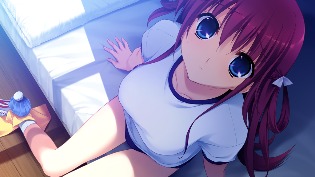1girl bed blue_buruma blue_eyes bow breasts buruma closed_mouth collarbone dutch_angle frown fumio_(ura_fmo) game_cg grisaia_(series) grisaia_no_kajitsu gym_shirt gym_uniform hair_bow hand_on_bed ice_pack indoors large_breasts long_hair looking_at_viewer non-web_source red_hair shirt shoes short_sleeves sneakers socks solo suou_amane variant_set white_bow white_shirt white_shoes white_socks wooden_floor