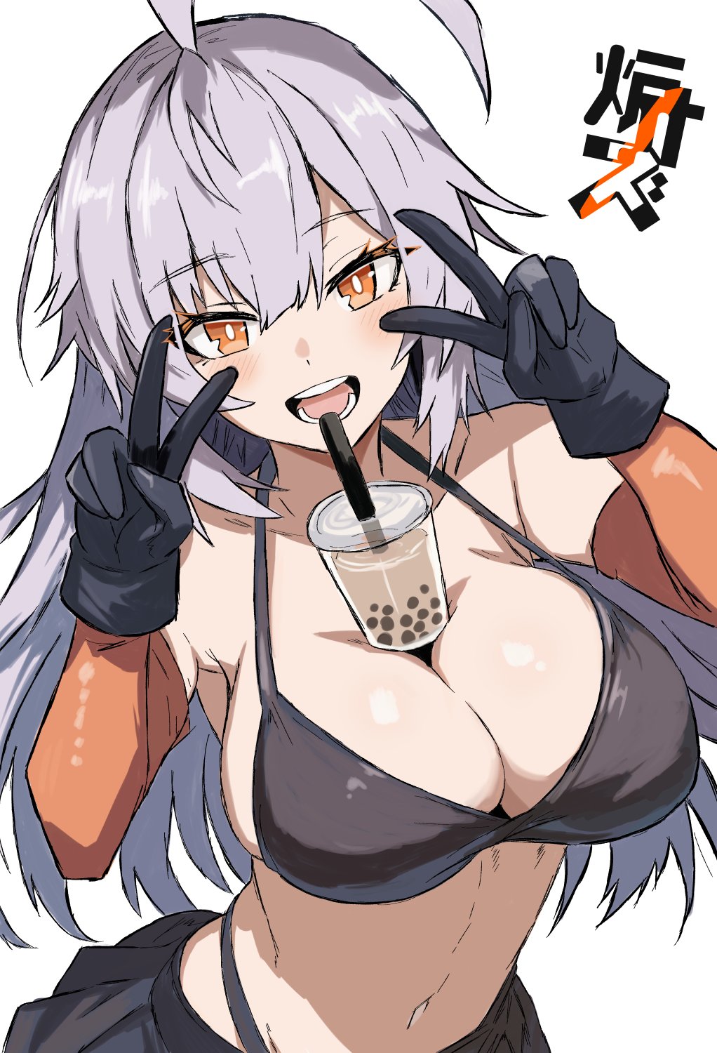 1girl bikini black_bikini black_gloves black_skirt breasts bubble_tea bubble_tea_challenge double_v girls&#039;_frontline gloves hair_between_eyes highres large_breasts long_hair looking_at_viewer navel orange_eyes purple_hair r_scrubed skirt solo spectre_m4_(girls&#039;_frontline) swimsuit v white_background