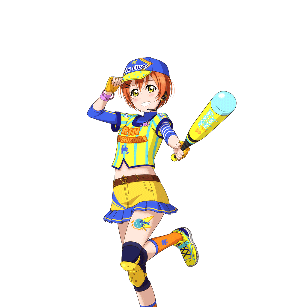 1girl arm_up baseball baseball_(love_live!) baseball_bat baseball_cap baseball_uniform belt belt_buckle blush bracelet brown_hair buckle feet_out_of_frame fingerless_gloves frilled_skirt frills gloves grin hair_ornament hairpin hand_on_headwear hat headset holding holding_baseball_bat hoshizora_rin jewelry knee_pads leg_tattoo looking_at_viewer love_live! love_live!_school_idol_festival love_live!_school_idol_project midriff miniskirt multiple_hairpins navel official_art orange_hair orange_socks print_shirt shirt shoes short_hair skirt smile socks solo sportswear standing standing_on_one_leg striped_clothes striped_shirt tattoo three-quarter_sleeves transparent_background turtleneck two-tone_shirt vertical-striped_clothes wristband yellow_eyes yellow_gloves yellow_shirt yellow_shoes yellow_skirt