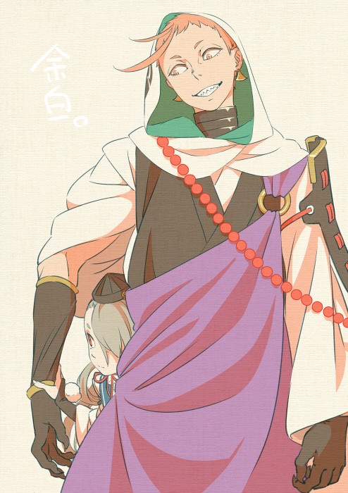 2boys armor beads black_gloves cloak earrings gloves grey_hair hat hiding hiding_behind_another hood hood_up hooded_cloak ima-no-tsurugi iwatooshi japanese_armor japanese_clothes jewelry kimono leuco long_hair male_focus multiple_boys o-ring orange_eyes orange_hair red_ribbon ribbon shoulder_armor simple_background sode tokin_hat touken_ranbu upper_body white_cloak