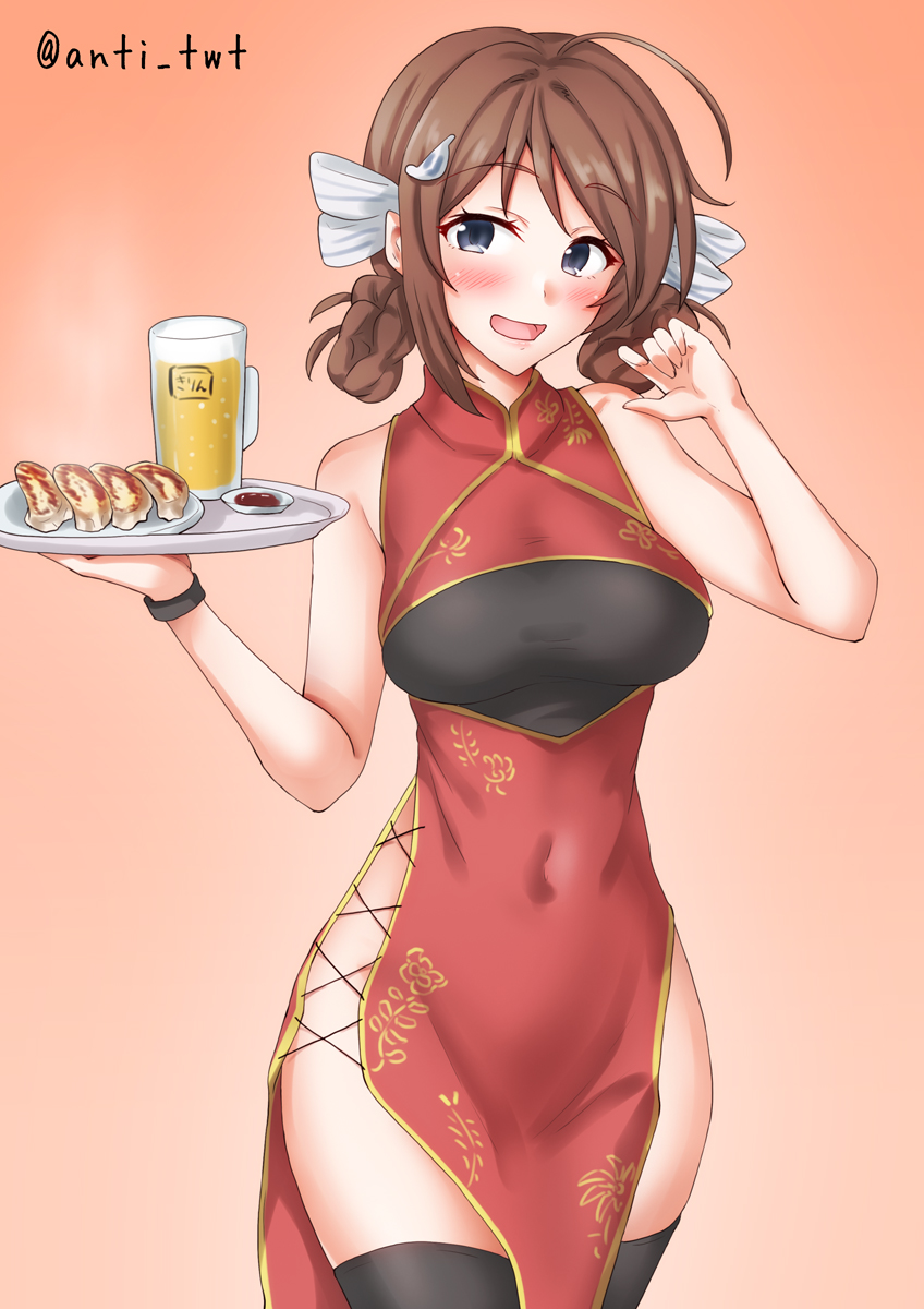 1girl ahoge alcohol alternate_costume anti_(untea9) beer black_thighhighs braid braided_hair_rings breasts brown_hair china_dress chinese_clothes chougei_(kancolle) cross-laced_clothes cross-laced_dress dress dumpling food gradient_background grey_eyes hair_ribbon hair_rings highres jiaozi kantai_collection large_breasts long_hair navel one-hour_drawing_challenge red_background red_dress ribbon solo standing thighhighs twin_braids