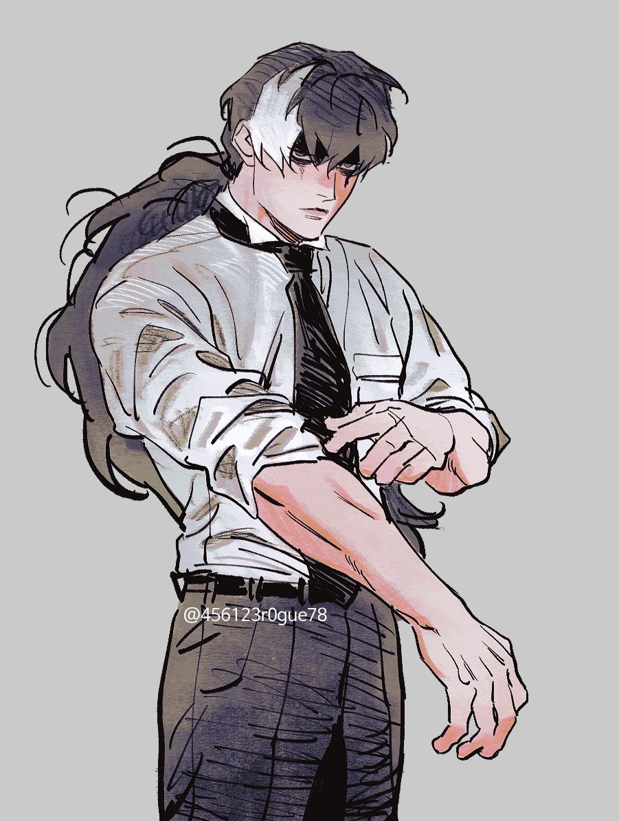 1boy 456123r0gue78 ace_attorney black_hair black_necktie black_pants collared_shirt grey_background hair_between_eyes long_hair looking_at_viewer male_focus multicolored_hair necktie pants ponytail shirt simon_blackquill solo two-tone_hair white_hair white_shirt