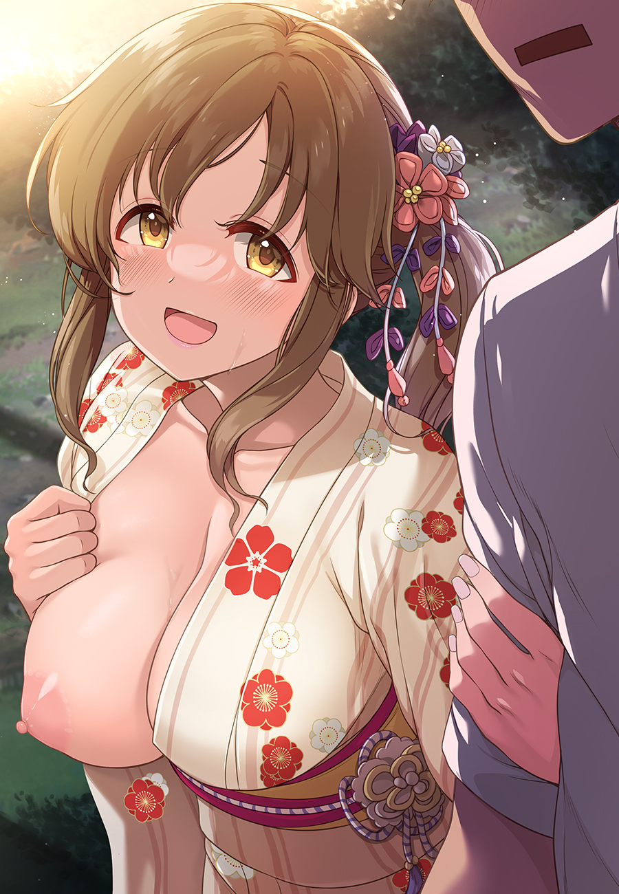 1boy 1girl :d blush breasts brown_hair cleavage collarbone commentary_request flashing floral_print hair_ornament highres idolmaster idolmaster_cinderella_girls japanese_clothes kimono large_breasts long_hair long_sleeves mk_(mod0) niiko_(gonnzou) nipples no_bra one_breast_out open_clothes open_kimono open_mouth oppai_challenge outdoors shirt smile solo_focus totoki_airi white_shirt yellow_eyes yellow_kimono