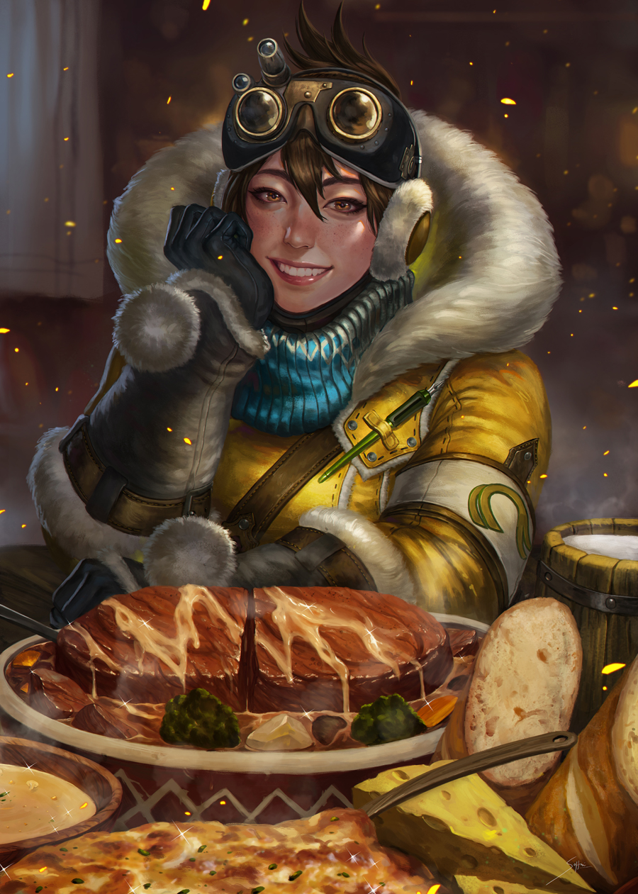 1girl black_gloves bread brown_eyes brown_hair capcom cheese coat earmuffs eyebrows eyelashes female_focus food freckles gloves goggles gravy hair_between_eyes handler_(monster_hunter_world) head_rest highres lips looking_at_viewer monster_hunter:_world monster_hunter_(series) nib_pen_(object) nose pen pom_pom_(clothes) realistic sitting smile soffa solo sparkle steak table teeth winter_clothes winter_coat