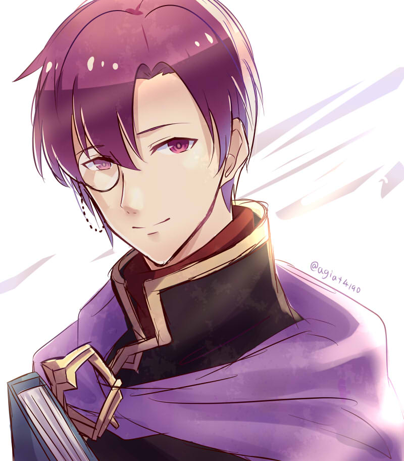 1boy black_robe book canas_(fire_emblem) cape fire_emblem fire_emblem:_the_blazing_blade looking_at_viewer monocle nintendo purple_cape purple_eyes purple_hair robe smile taiga_kazame
