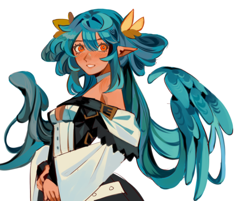 1girl bare_shoulders blue_hair borcheim breasts cleavage dizzy_(guilty_gear) guilty_gear guilty_gear_xrd hair_ribbon hair_rings long_hair long_sleeves open_mouth pointy_ears red_eyes ribbon smile solo twintails wings yellow_ribbon