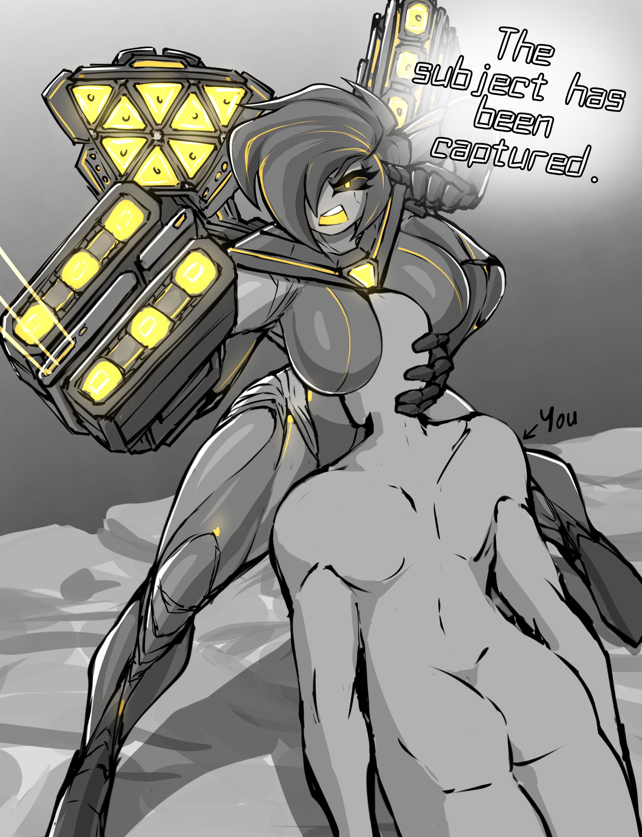 1boy 1girl absurdres armor armored_boots artillery back between_breasts black_hair boots breast_smother breasts clothed_female_nude_male colored_skin dark_skin earphones english_text face_to_breasts gauntlets grey_skin hado_(zzzhadozzz) highres instrument large_breasts muscular muscular_female nude original panels rescue short_hair technology triangle_(instrument) weapon yellow_eyes