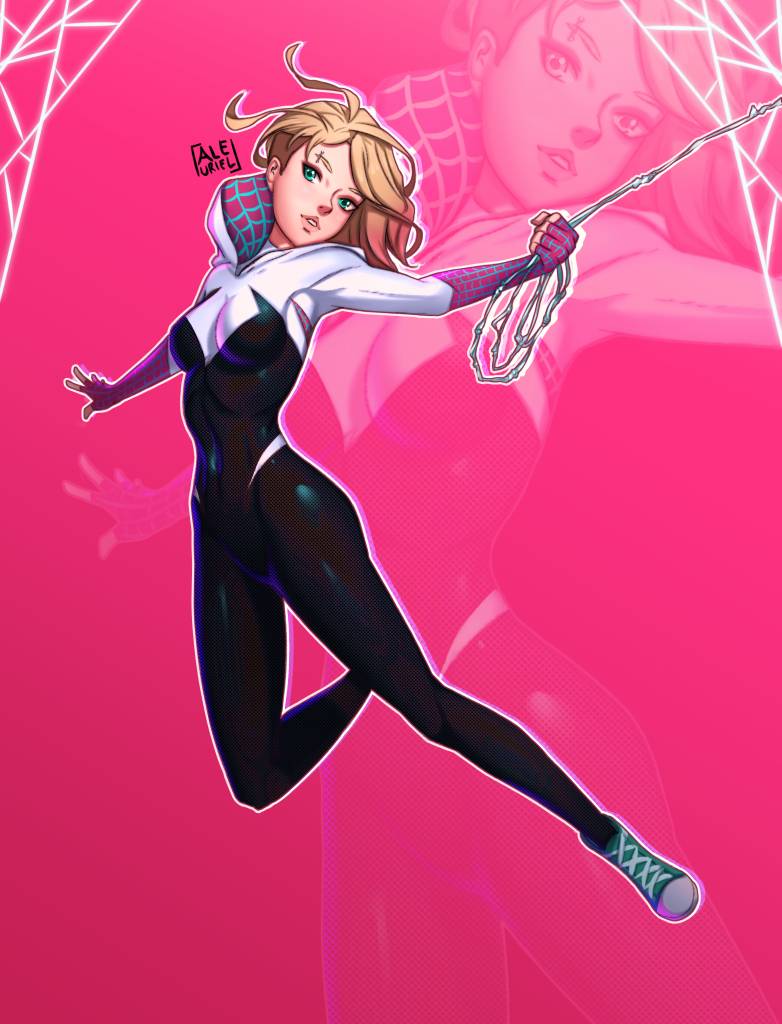 1girl aleuriel aqua_eyes artist_logo black_bodysuit blonde_hair bodysuit commentary cross-laced_shoes full_body gwen_stacy hood hood_down hooded_bodysuit logo marvel parted_lips shoes short_hair silk solo spider-gwen spider-man:_into_the_spider-verse spider-man_(series) spider-verse spider_web swinging_on_rope two-tone_bodysuit white_bodysuit zoom_layer