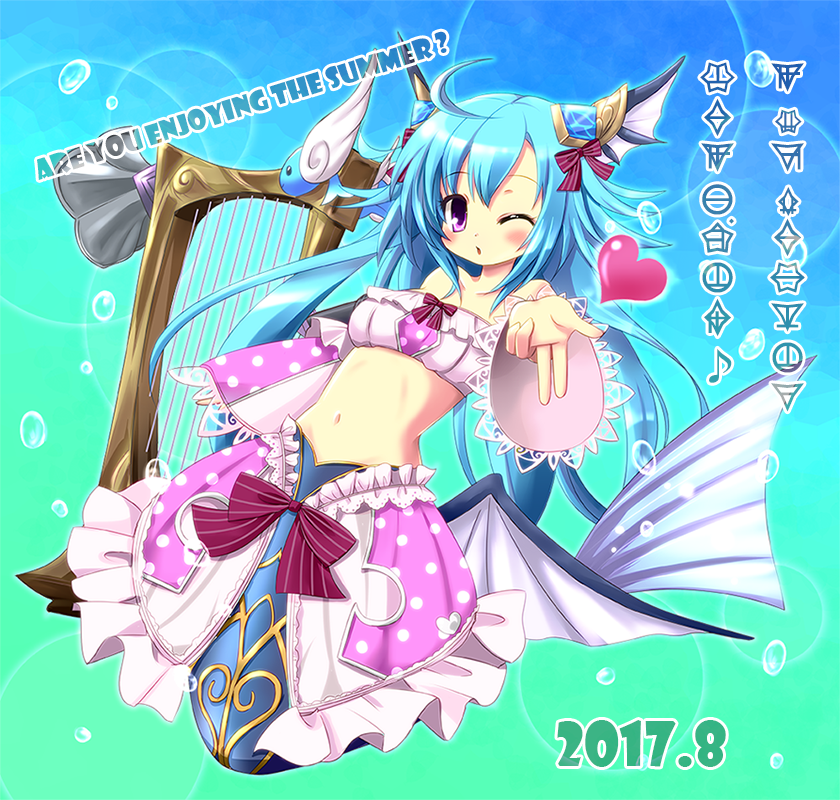 1girl akino_sakura bare_shoulders blowing_kiss blue_hair breasts dated dress emil_chronicle_online frilled_dress frills hair_ribbon harp horns instrument lorelei_lore medium_breasts mermaid monster_girl navel purple_eyes red_ribbon ribbon stomach