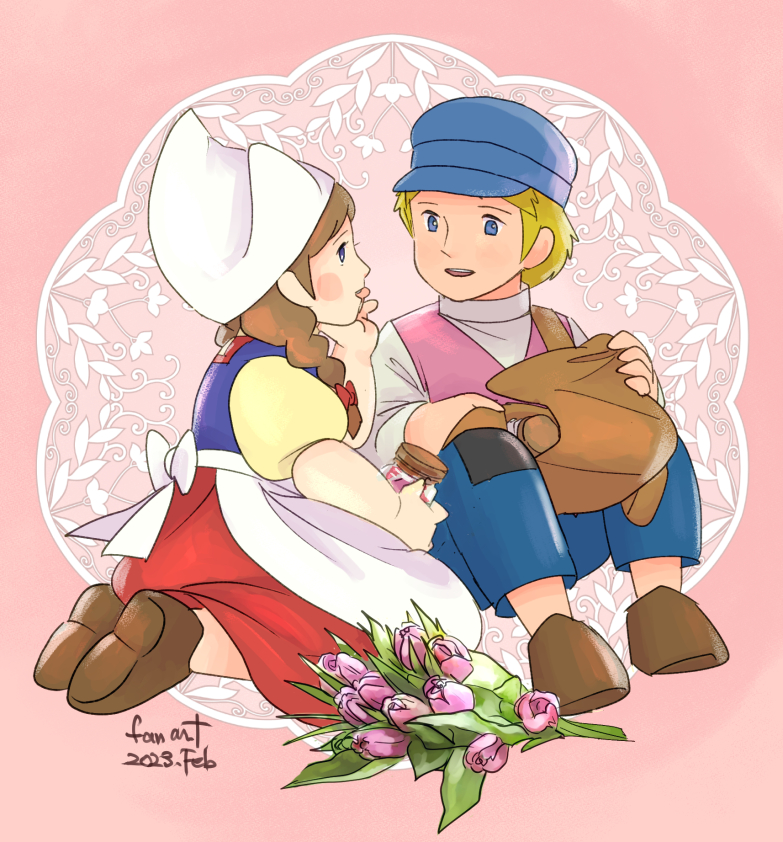 1boy 1girl :d :o a_dog_of_flanders aloise_cogez bag blonde_hair blue_eyes blue_hat blue_pants bottle bouquet braid brown_footwear brown_hair dated doily flower hat long_hair nello_(a_dog_of_flanders) open_mouth pants patch pink_background pink_flower pocco1224 red_skirt short_hair short_sleeves sitting skirt smile white_hat