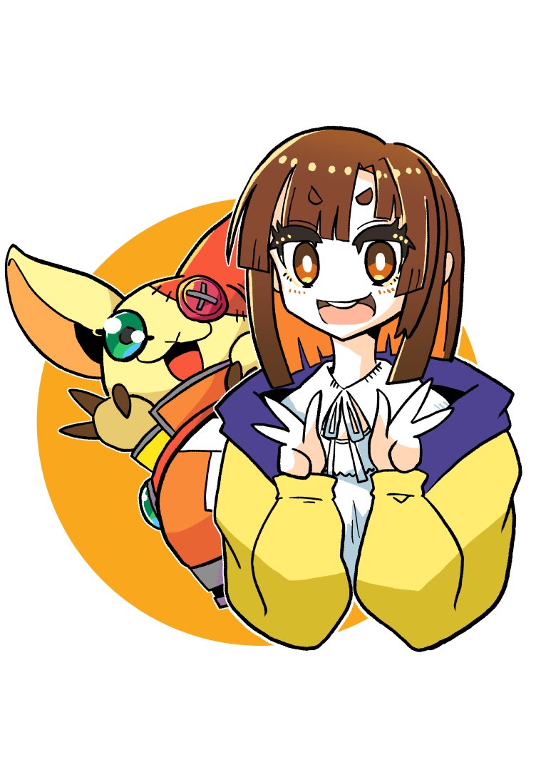 1girl brown_eyes brown_hair digimon digimon_(creature) digimon_card_game digimon_liberator double_v jacket kinosaki_arisa medium_hair mekadouraku shoemon simple_background upper_body v white_background yellow_jacket