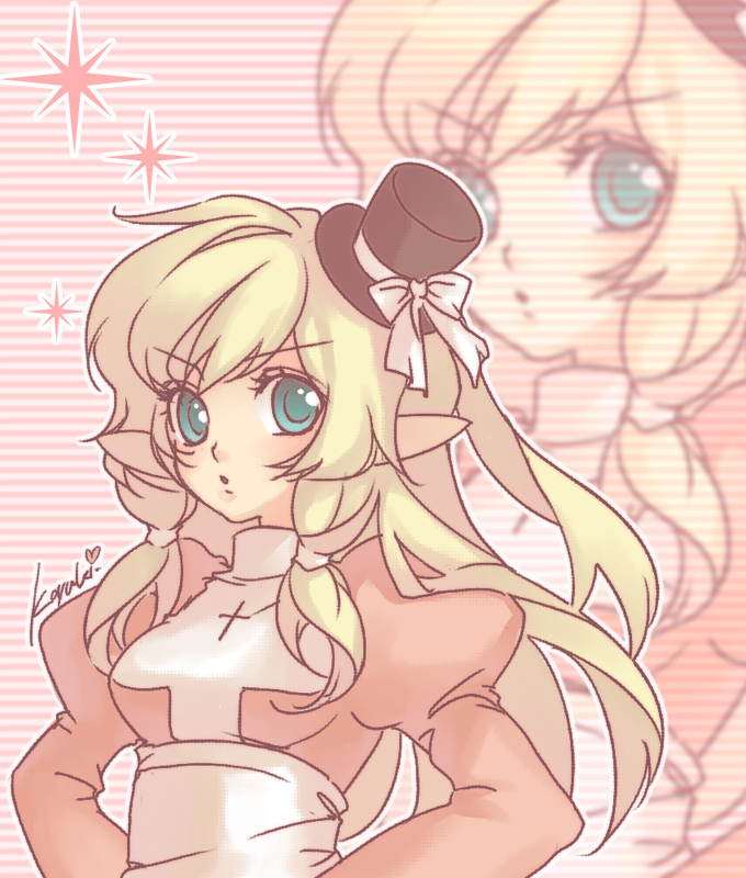 1girl black_hat blonde_hair blue_eyes blush bow breasts commentary_request cross dress hat hat_bow high_priest_(ragnarok_online) juliet_sleeves koyuki_(rico) long_hair long_sleeves looking_at_viewer medium_breasts mini_hat mini_top_hat open_mouth pink_background pink_dress pointy_ears puffy_sleeves ragnarok_online sash solo striped_background top_hat two-tone_dress upper_body v-shaped_eyebrows white_bow white_dress white_sash zoom_layer