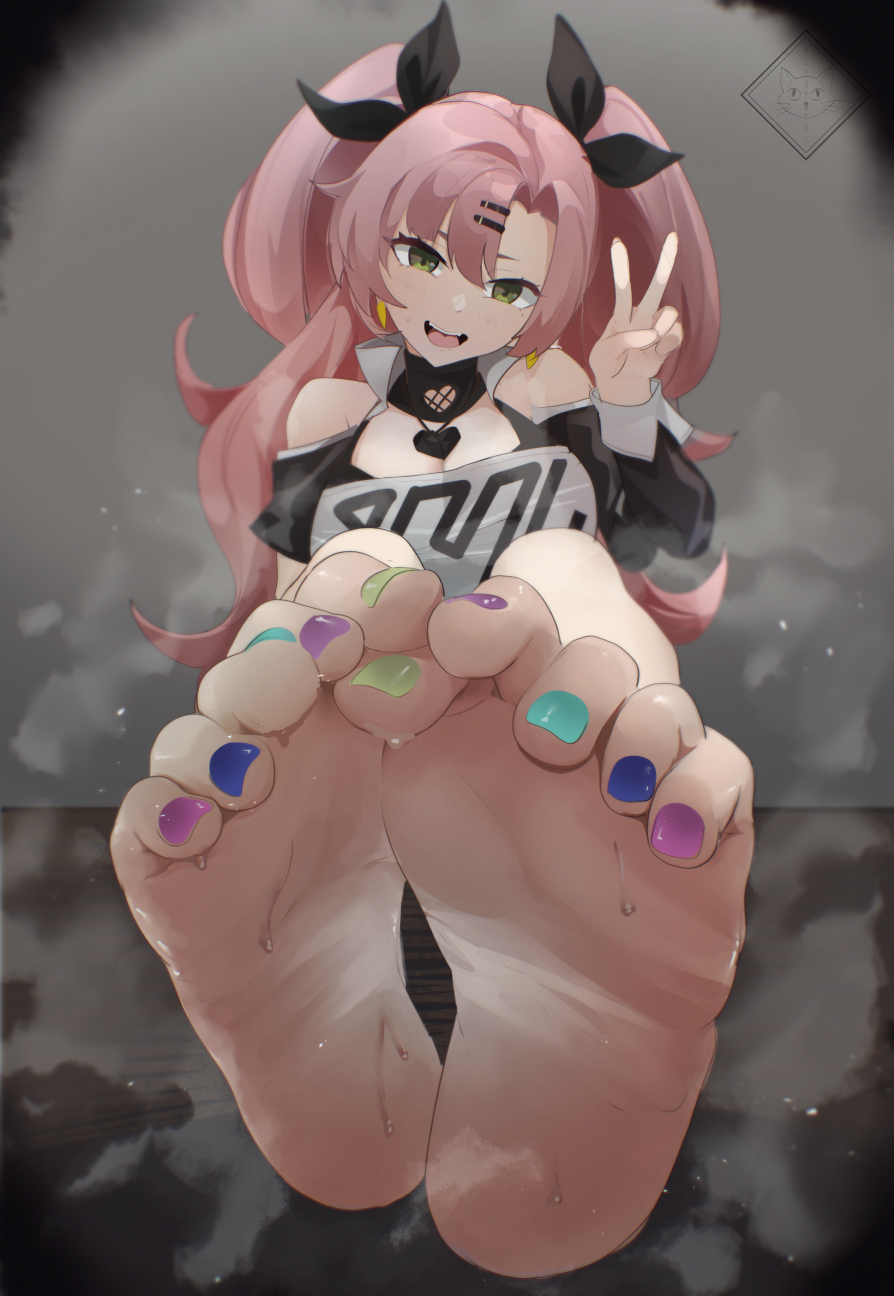 1girl aqua_nails bare_shoulders barefoot black_bow blue_nails bow breasts cleavage clothing_cutout eyelashes feet feet_on_table foot_focus foot_pussy foreshortening full_body green_eyes green_nails grey_background hair_bow hair_ornament hairclip hand_up heart heart_necklace highres jewelry large_breasts long_hair looking_at_viewer nail_polish necklace nekoyokai nicole_demara open_mouth purple_nails shoulder_cutout sitting soles solo steaming_body sweat sweatdrop toe_scrunch toenail_polish toenails toes two_side_up v very_long_hair zenless_zone_zero