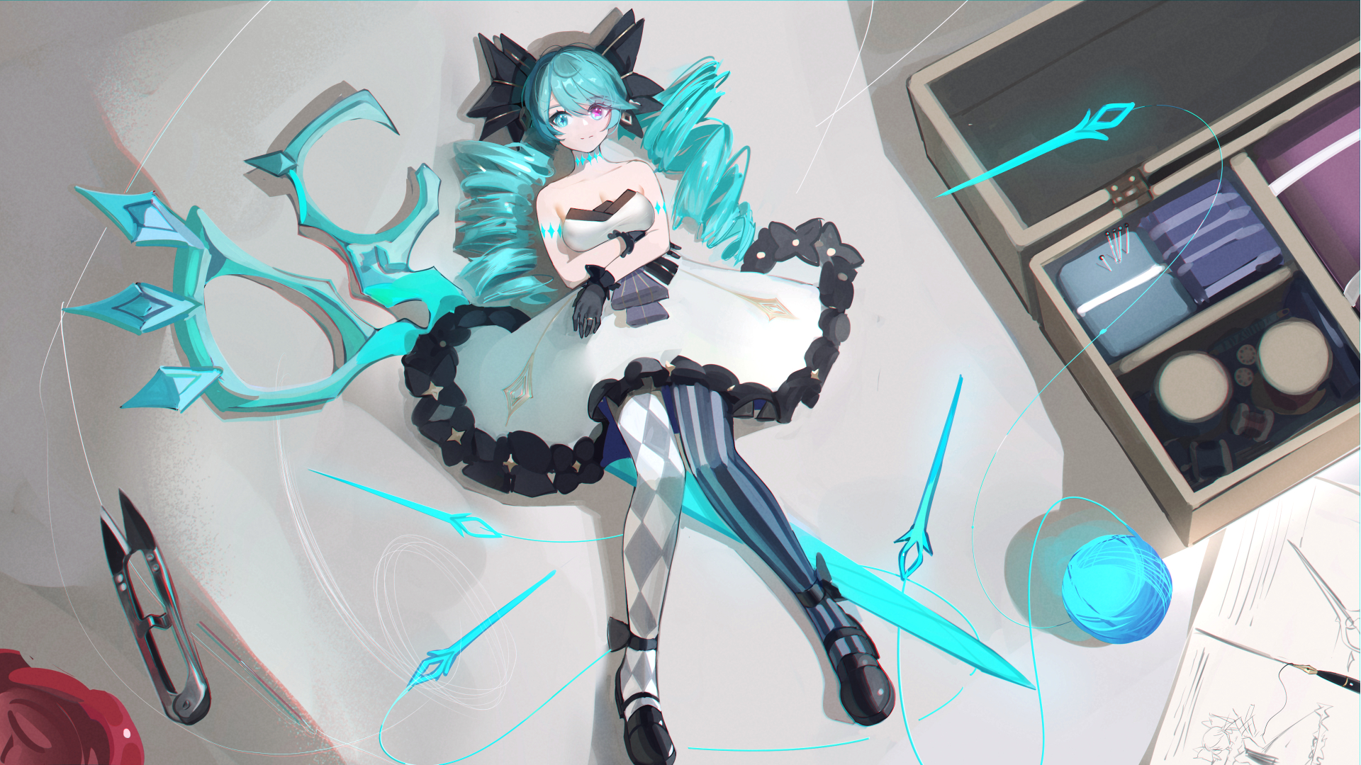 1girl argyle_clothes argyle_pantyhose asymmetrical_legwear bare_shoulders black_bow black_dress black_footwear black_gloves bow breasts cleavage collarbone crossed_arms da_(datako) dress frilled_dress frills gloves green_eyes green_hair grey_dress gwen_(league_of_legends) hair_bow highres jewelry large_breasts league_of_legends long_hair lying mini_person minigirl mismatched_legwear needle on_back pantyhose plaid_clothes plaid_legwear ring scissors sewing_kit sewing_needle smile solo strapless strapless_dress striped_clothes striped_pantyhose symbol_in_eye two-tone_dress vertical-striped_clothes vertical-striped_pantyhose yarn yarn_ball