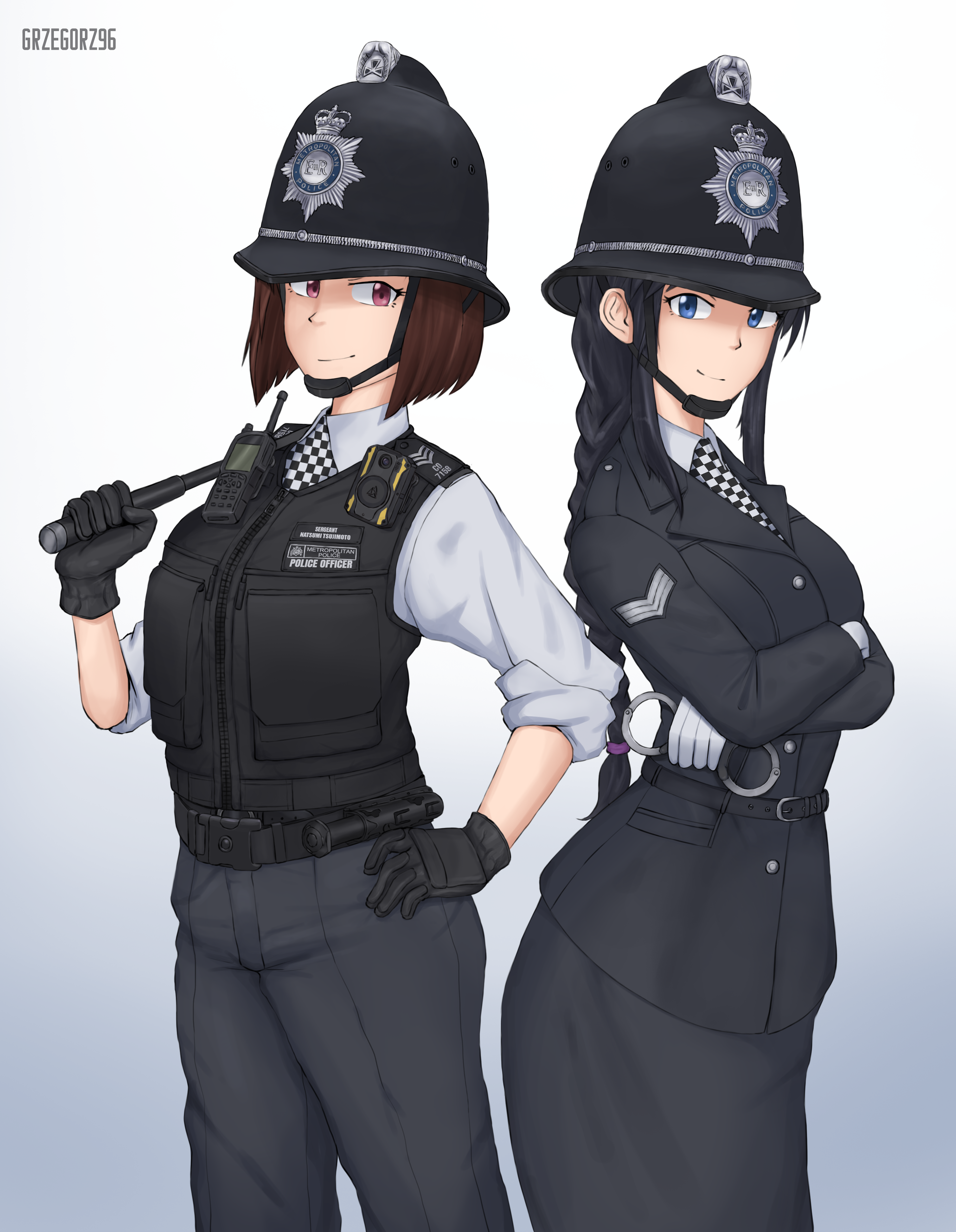 2girls absurdres baton_(weapon) belt black_belt black_gloves black_hair black_pants black_skirt black_tunic black_vest blue_eyes body_cam bow braid brown_eyes brown_hair checkered_necktie chevron_(symbol) chin_strap commission commissioner_upload crossed_arms cuffs custodian_helmet epaulettes facing_viewer from_side gloves grzegorz1996 hair_bow hand_on_own_hip handcuffs hat helmet highres holding holding_weapon kobayakawa_miyuki long_hair metropolitan_police_service multiple_girls necktie pants police police_hat police_uniform policewoman ponytail pouch shirt short_hair simple_background skirt sleeves_rolled_up smile taiho_shichauzo tsujimoto_natsumi tunic united_kingdom vest walkie-talkie watermark weapon white_gloves white_shirt