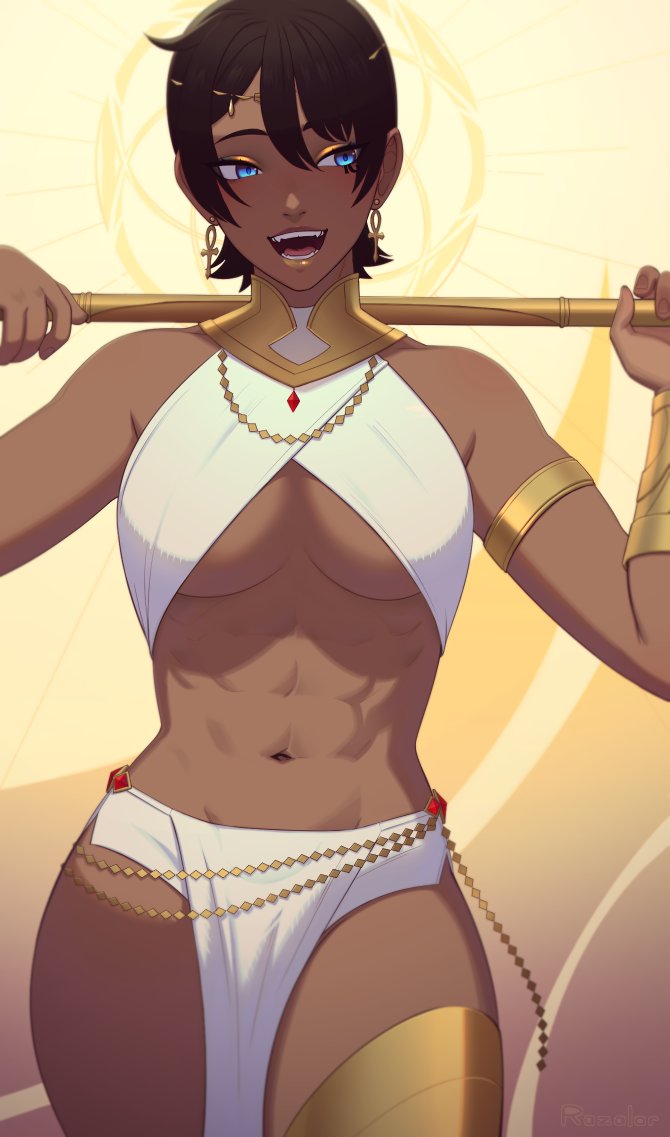 1girl abs ancient_egyptian ancient_egyptian_clothes ankh ankh_earrings backlighting black_hair blue_eyes bracer breasts chain circlet criss-cross_halter dark-skinned_female dark_skin earrings eye_of_horus eyeshadow facial_mark fangs female_focus gold_chain gorget hair_between_eyes halterneck jewelry k&#039;lyn makeup medium_breasts navel open_mouth original over_shoulder pelvic_curtain razalor short_hair solo staff thigh_strap underboob very_dark_skin weapon weapon_over_shoulder