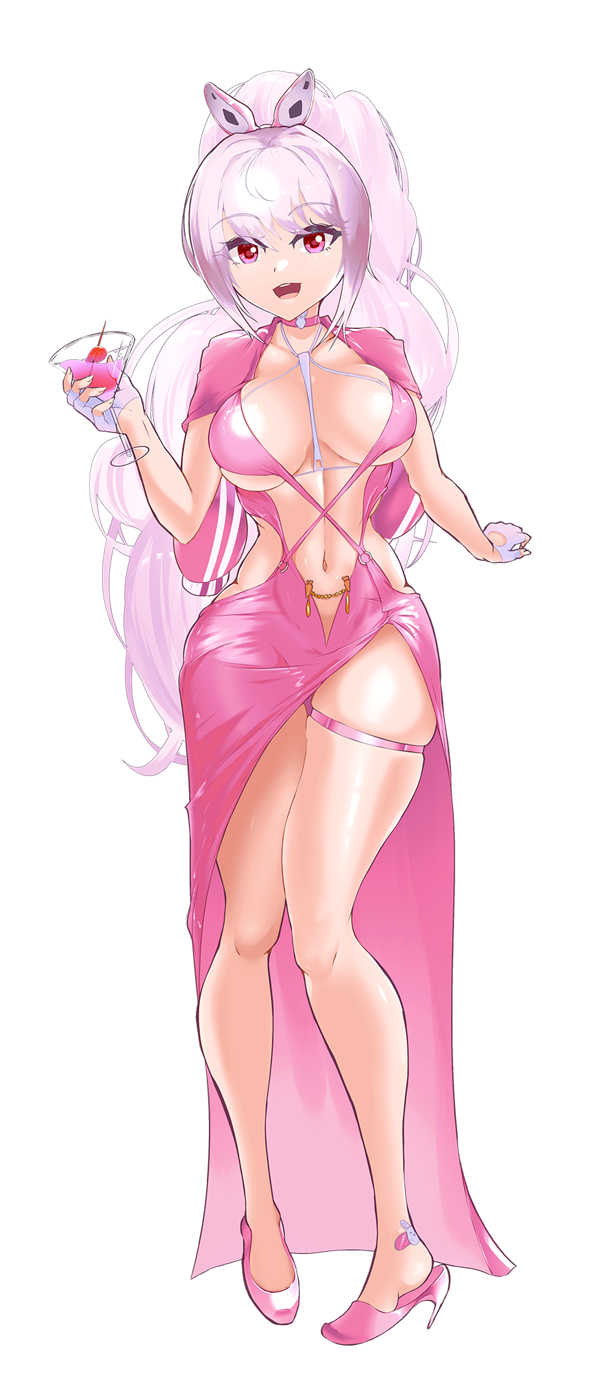alcohol alice_(nikke) animal_ears bandaid bandaid_on_foot between_breasts blush breasts cocktail_glass cosplay cup dress drinking_glass evening_gown fake_animal_ears gloves goddess_of_victory:_nikke headset highres jacket keldancon large_breasts long_hair looking_at_viewer open_mouth pink_dress pink_eyes red_hood_(nikke) red_hood_(nikke)_(cosplay) red_hood_(nonsense_red)_(nikke) smile strap_between_breasts thigh_strap twintails