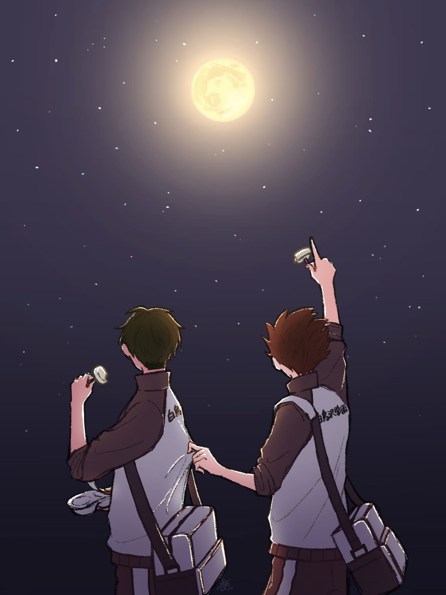 2boys arm_up bag brown_hair clothes_grab collared_jacket commentary empty_food_container food full_moon haikyuu!! hashtag-only_commentary highres holding holding_food jacket male_focus moon moonlight multicolored_jacket multiple_boys natade_kou09 night night_sky outdoors pants pointing red_hair shirt_grab short_hair shoulder_bag sideburns sky star_(sky) starry_sky striped_clothes striped_pants tendou_satori ushijima_wakatoshi