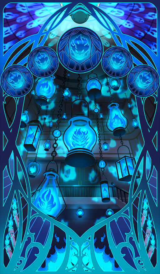 aqua_outline blue_border blue_fire blue_theme border candle chain circle commentary elemental_(creature) fate/grand_order fate_(series) fire fire_elemental ghost gradient_border hanging_lantern indoors no_humans official_art outline still_life third-party_source xxxxay