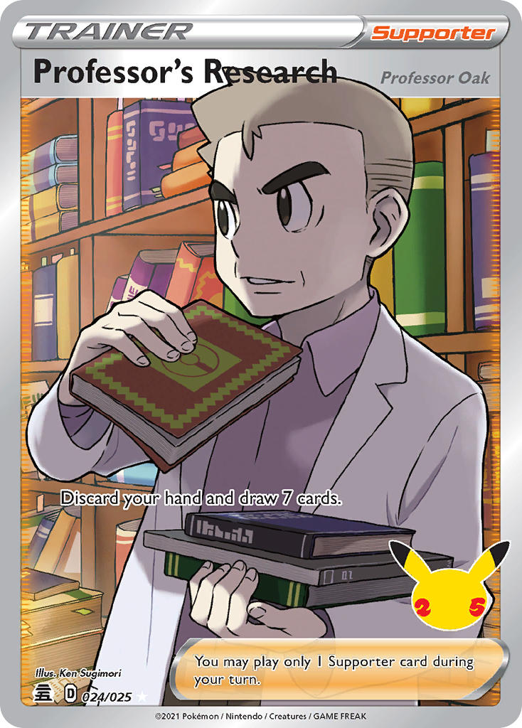 1boy artist_name book bookmark bookshelf card_(medium) character_name coat collared_shirt company_name copyright_name copyright_notice english_text gen_1_pokemon grey_hair holding holding_book lab_coat long_sleeves male_focus mature_male mismatched_eyebrows nintendo official_art pikachu poke_ball_symbol pokemon pokemon_card pokemon_frlg pokemon_tcg purple_shirt professor_oak shirt short_hair solo sugimori_ken third-party_source trading_card upper_body white_coat