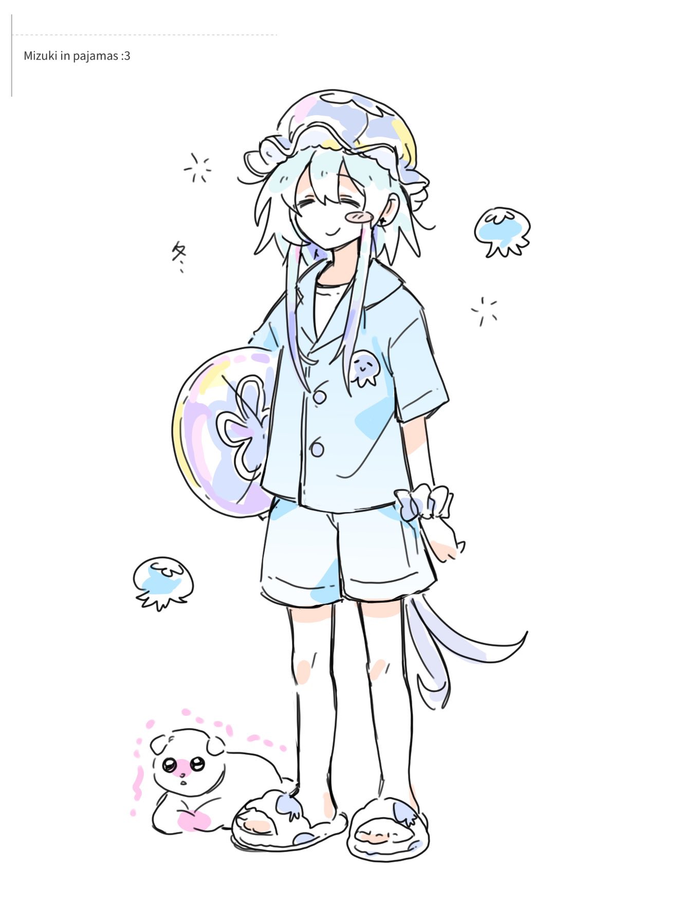 1boy :> =_= alternate_costume arknights blue_hair blue_pajamas blush_stickers closed_eyes commentary dog english_commentary english_text full_body gradient_hair highres holding holding_pillow jellyfish jellyfish-shaped_pillow jellyfish_print long_hair male_focus mizuki_(arknights) multicolored_hair pajamas pillow purple_hair shaking shorts simple_background slippers solo very_long_hair wed_(lim38869577) white_background wrist_cuffs