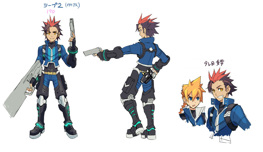 2boys azure_striker_gunvolt azure_striker_gunvolt_1 blonde_hair blue_jacket blue_pants brown_hair concept_art dark-skinned_male dark_skin finger_on_trigger gino_(gunvolt) gun gunvolt holding holding_gun holding_weapon jacket male_focus multiple_boys official_art orange_hair pants reference_sheet short_hair simple_background spiked_hair trigger_discipline weapon white_background yellow_eyes