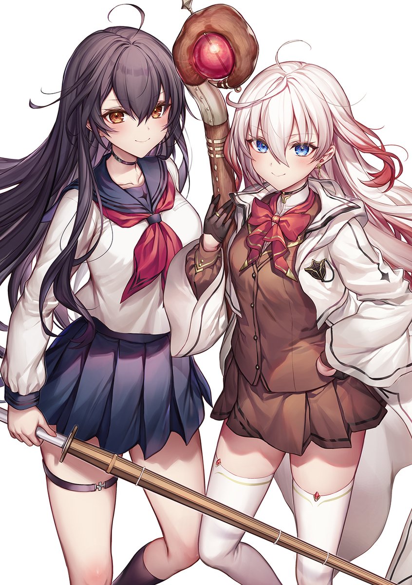 2girls antenna_hair black_hair blue_eyes bow bowtie brown_jacket coat colored_tips cover cover_page gloves grey_hair hair_between_eyes half_gloves highres holding holding_staff holding_sword holding_weapon jacket kaguya_mitsuki kneehighs komeshiro_kasu long_hair long_sleeves multicolored_hair multiple_girls neckerchief novel_cover official_art open_clothes open_coat orange_eyes pleated_skirt red_bow red_bowtie red_hair red_neckerchief sailor_collar sailor_shirt second-party_source shinai shirt simple_background skirt smile socks staff standing stella_millesia sword thighhighs tsundere_majo_wo_korose_to_megami_wa_itta weapon white_background white_thighhighs zettai_ryouiki