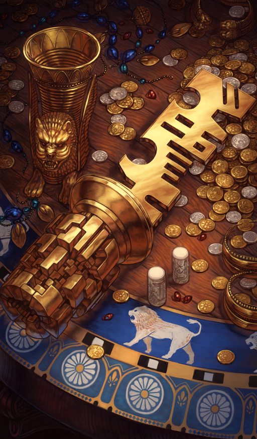 chalice coin commentary cup fate/grand_order fate_(series) key lasengle lion no_humans object_focus official_art orange_theme still_life table third-party_source